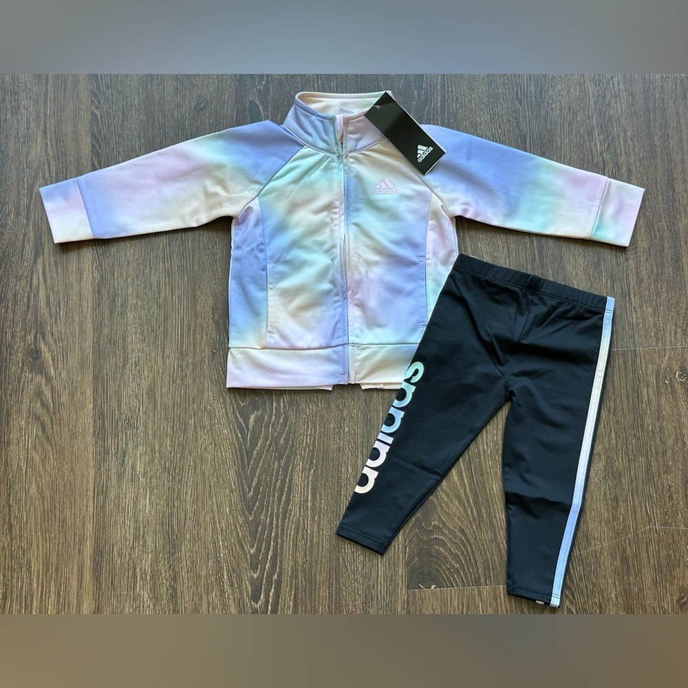 NWT Baby Girls ADIDAS 2 piece set Rainbow multi colored Jacket & black leggings